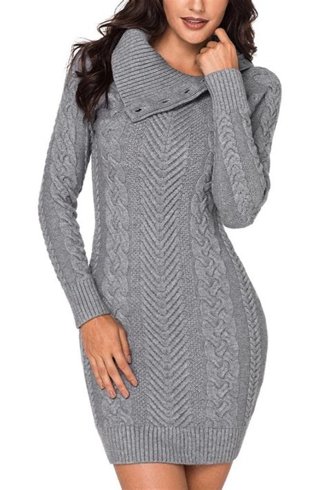 Grey Cable Knit Split Cowl Neck Sweater Dress With Images Sweater Dress Turtleneck Sweater