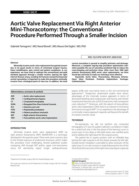 Pdf Aortic Valve Replacement Via Right Anterior Mini Thoracotomy The