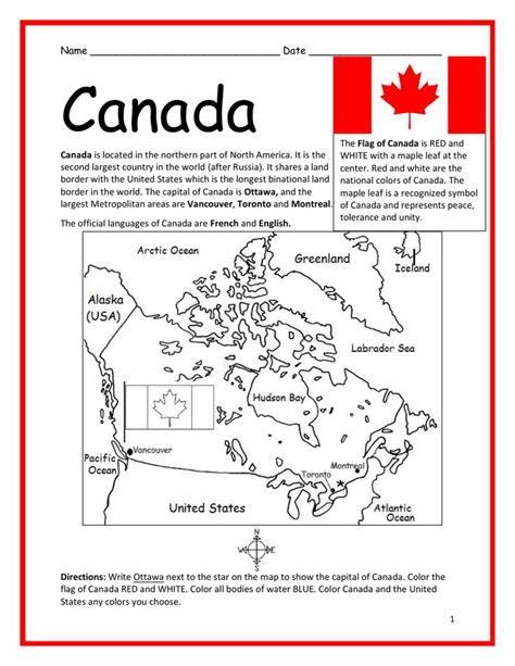 Canada Printable Handout With Map And Flag Teaching Resources