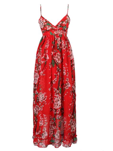 Red V Neck Plum Floral Print Frill Hem Cami Chiffon Maxi Dress Choies