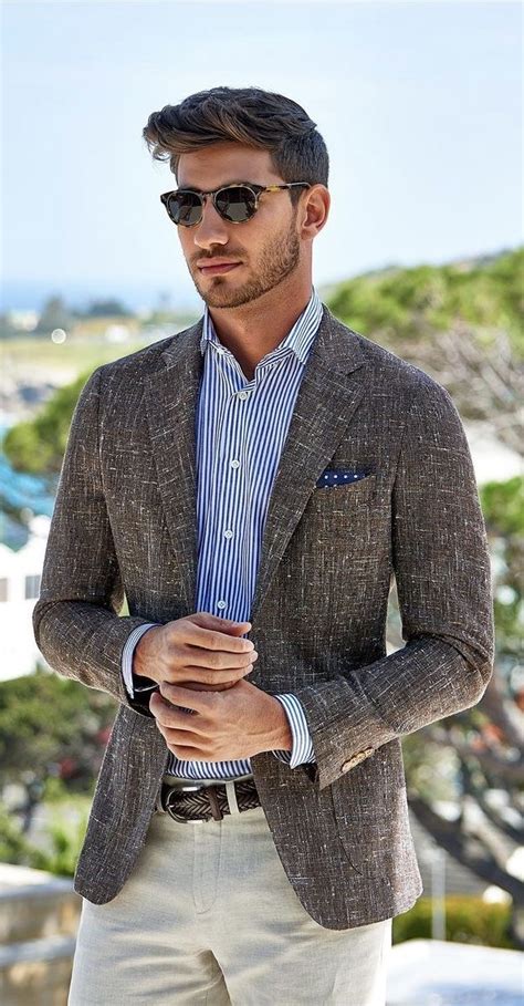 Summer Business Casual With A Brown Linen Blazer Blue White Striped