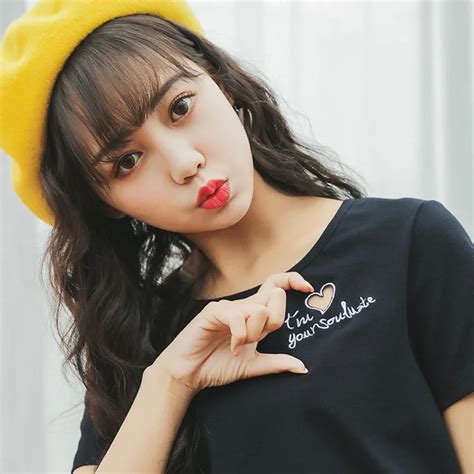 ulzzang women top 2018 harajuku korean cute summer tops heart shaped embroidery love hollow