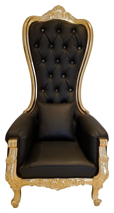 Queen Throne High Back Chair In Black Leather Gold Frame