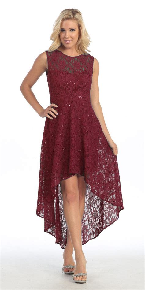High Low Lace Burgundy Semi Formal Dress Illusion Neck Sleeveless
