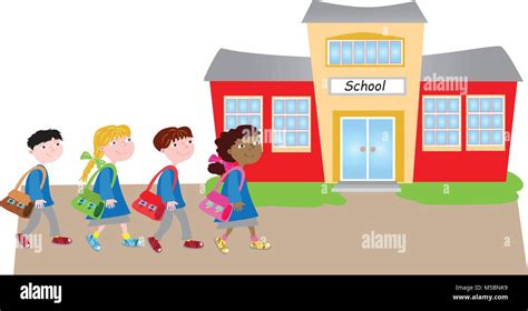 Back To Schoolcuatro Dibujos Animados Caminando Felices Los Niños A La