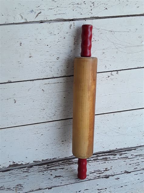 Rustic Rolling Pin Wood Red Handles Retro Kitchen Etsy Rustic