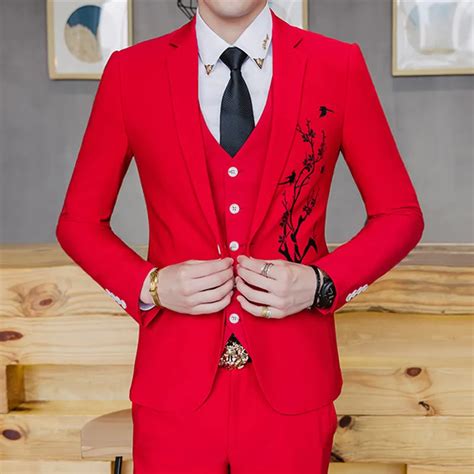Red Prom Embroidery Suit For Men Slim Fit 2018 Mew Wedding Part Club