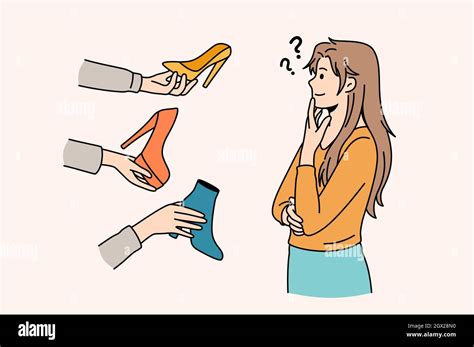 Difficult choice and variety concept. Young frustrated woman cartoon