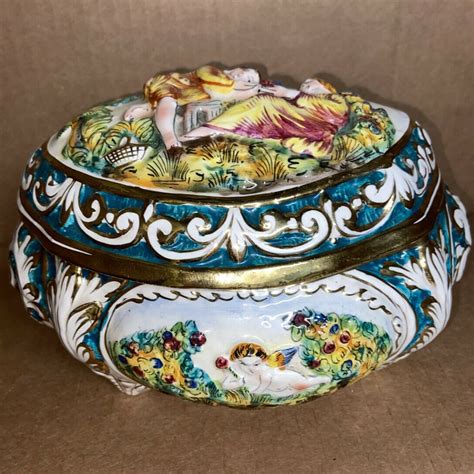 Vintage Capodimonte Handpainted Lidded Box Cherubs Relief Italy