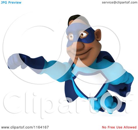 Clipart Of A 3d Flying Black Super Hero Man In A Blue Costume 2