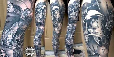 Black And Grey Anime Leg Sleeve Done By Mathilda Dao Out Of Skin