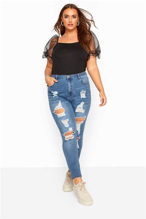 Mid Blue Skinny Ripped Ava Jeans Yours Clothing