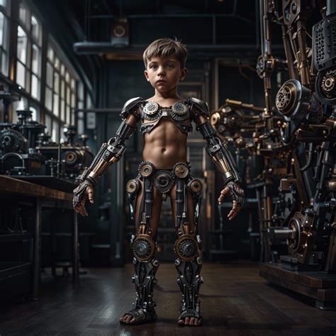 Augmented Boy With Mechanical Body Mechanical Arms Mechanical Legs