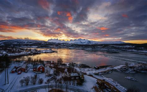 Wallpaper Top View Winter Snow Mountains Bay Sunset Norway