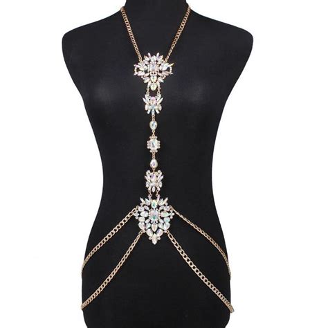Women Gold Crystal Body Necklace Chain Elegant Rhinestone Waist Belly Sexy Chain Long Statement