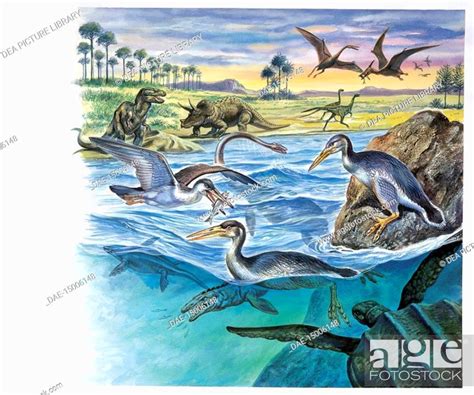 Prehistoric Animals Mesozoic Era Cretaceous Period Drawing Stock