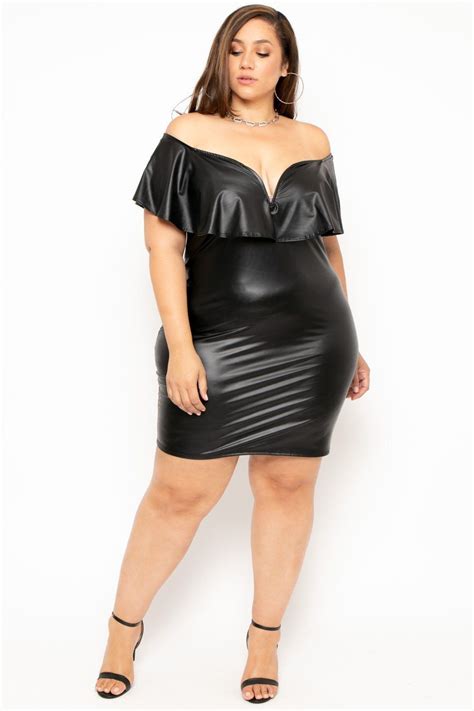 Plus Size Faux Leather Frill Bodycon Dress Black In Black