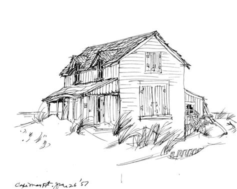 A Drawing Of A House On The Beach With Sand And Grass In Front Of It