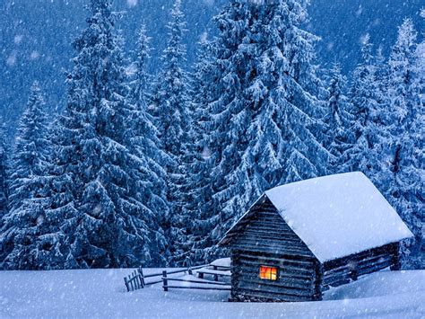 Wooden House In Winter Forest Fence Hut House Cottage Cabin Snowy
