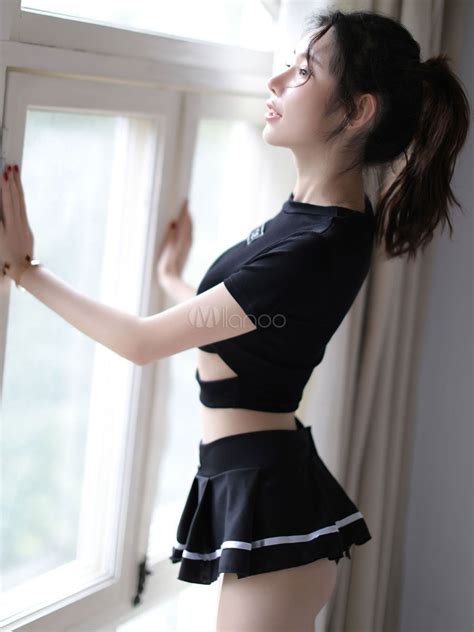 Womens Bedroom Costume Cropped Polyester Black Suit Sexy Lingerie