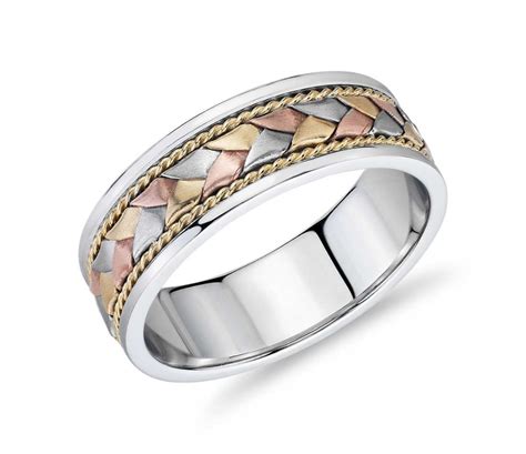 Tri Color Braided Rope Wedding Band In 14k White Yellow And Rose Gold