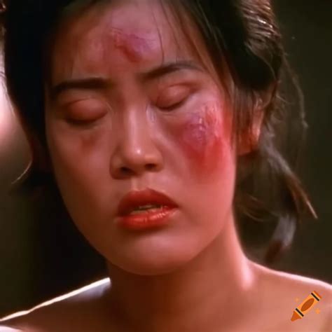 asian woman tournament fighter with bruised face in 80s hong kong action scene on craiyon