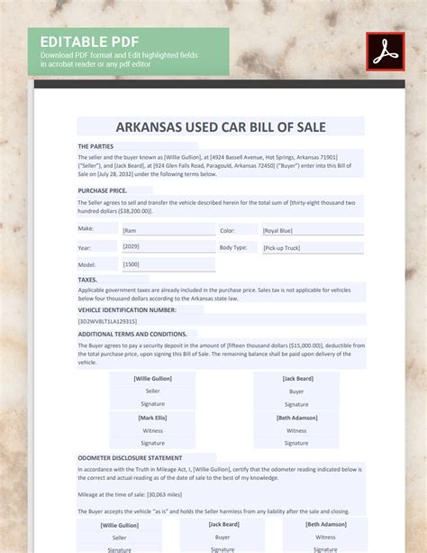 Arkansas Car Bill Of Sale Printable Form