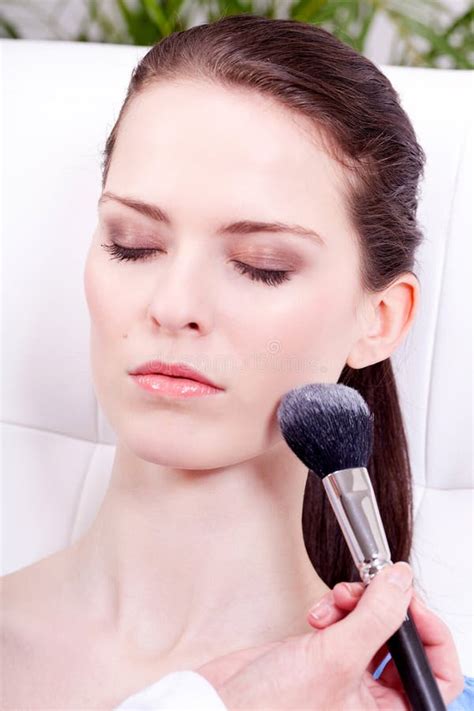 Apllying Powder Make Up On Face Portrait Stock Image Image Of Brush