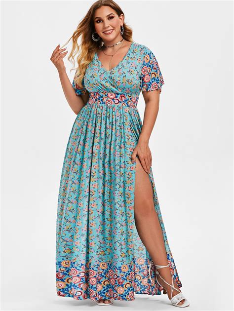 32 Off 2021 Plus Size Tiny Floral Print High Slit Maxi Dress In Light Blue Dresslily