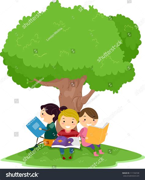 Illustration Kids Reading Under Tree Stok Vektör Telifsiz 111744728