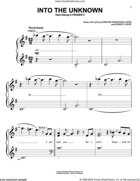 Into The Unknown From Disneys Frozen 2 Sheet Music For Piano Solo