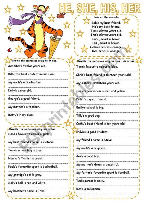 Three Exercises To Practise He She His And Her Grammar Worksheets