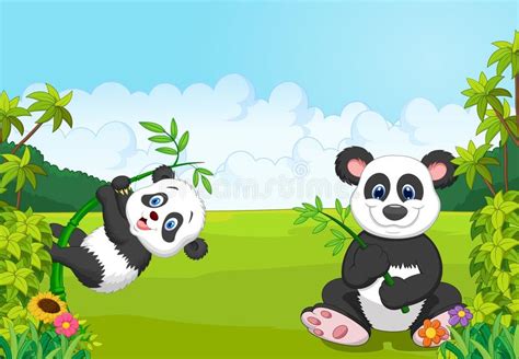 Cartoon Mom And Baby Panda Climbing Bamboo Tree Stock Vector