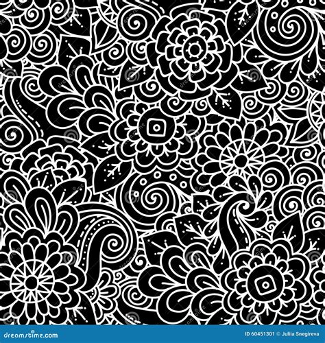 Seamless Floral Retro Doodle Black And White Pattern In Vector Stock