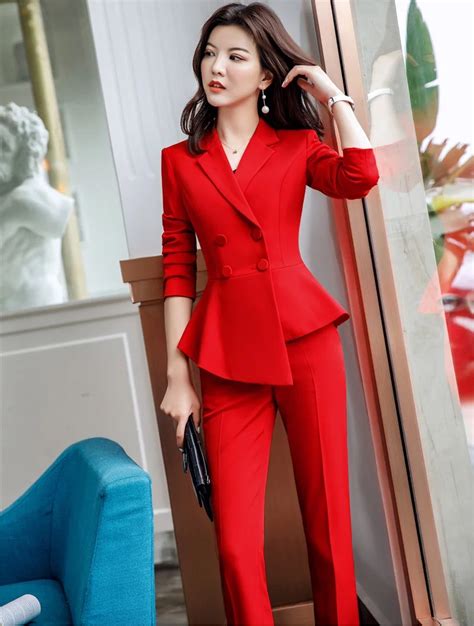 Suits And Suit Separates Deep Red Ladies Office Uniform Pant Suits For