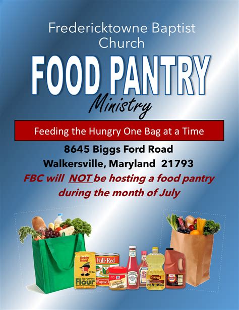 The majority of the food pantries listed are run by local churches, including baptist, catholic and methodist ministries (among others). DRIVE BY FOOD PANTRY - Fredericktowne Baptist Church