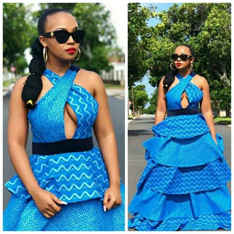 Clipkulture Siyanda Bani In Blue Halter Neck Layered Shweshwe Dress