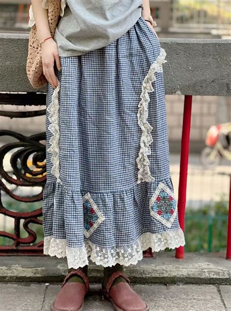 Prairie Style Lace Trim Plaid Skirt The Cottagecore