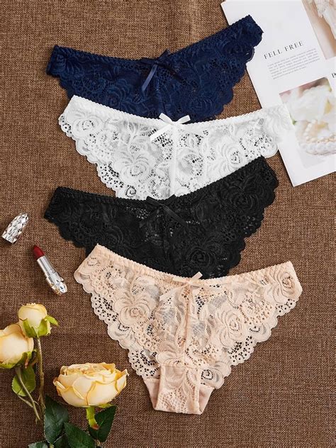 4 Pack Sexy Hollow Lace Panties Sheer Breathable Panties With Bow Tie Womens Sexy Lingerie