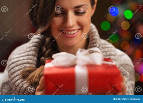 Happy Young Woman Holding Christmas Present Box Stock Image Image Of Tradition Celebration