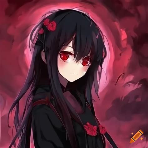 Anime Girl Black Hair Red Eyes Nervous Blushing On Craiyon