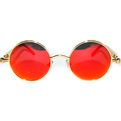 060 c14 steampunk gothic sunglasses metal round circle gold frame orange red mirror lens one