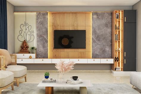 Spacious Wall Mounted Tv Unit With Pooja Unit Livspace