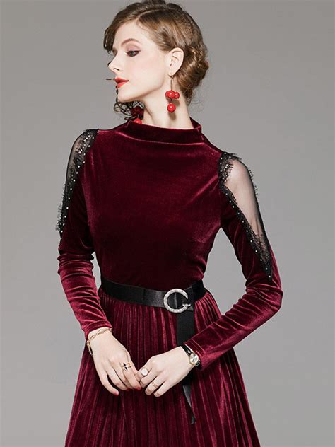 Lace Paneled Velvet Dress Christmas Dresses Plus Size Temperament Quality Best Long Sleeved
