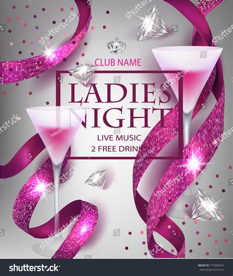 Ladies Night Party Invitation Pink Card With Sparkling Ribbons Glasses Of Cocktail And Diamonds