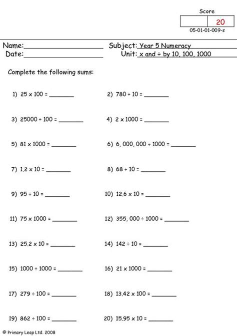 Multiplying And Dividing By 10 Worksheets