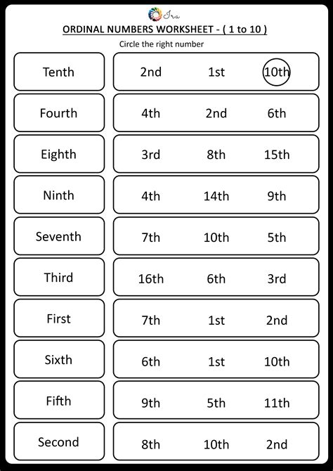 Ordinal Numbers Worksheet 1 To 10 Circle The Right Number Number