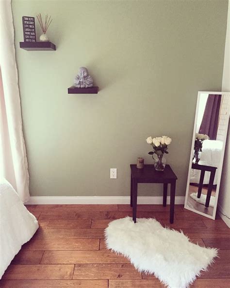 By using a sage green wall color and accents of red in the french toile curtains, plates, and bedding is a simple, creative way to combine this color combination within a quaint, traditional bedroom idea. Zen Style Bedroom. Sage green wall paint, Buddha accessory ...