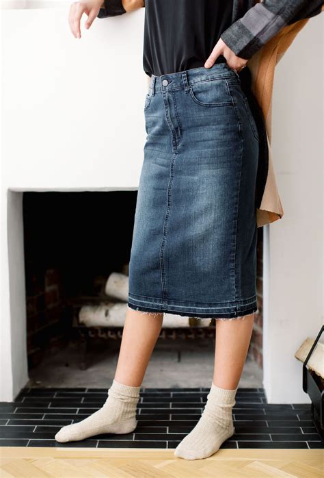 Adeline Knee Length Denim Skirt FINAL SALE The Main Street Exchange In Denim Skirts