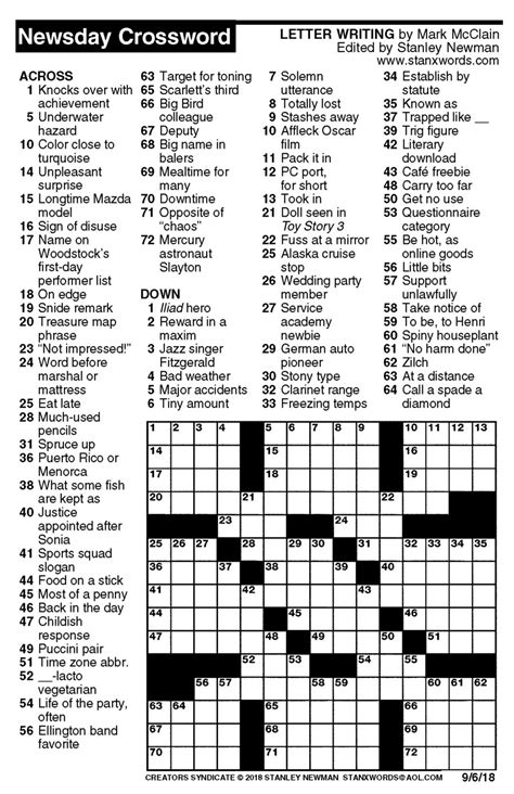 Newsday Crossword Puzzle For Sep 06 2018 By Stanley Newman Creators